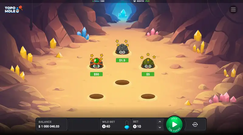 Topo Mole gameplay showing Wild Mole multipliers and hammer hitting moles